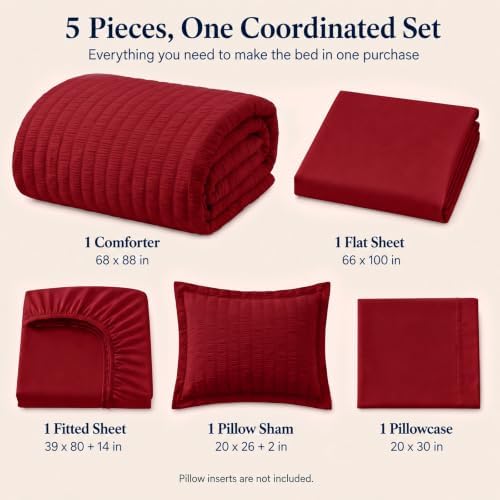 CozyLux Twin XL Comforter Set, 5 Pieces Dark Red Seersucker Bed in a Bag - Image 2