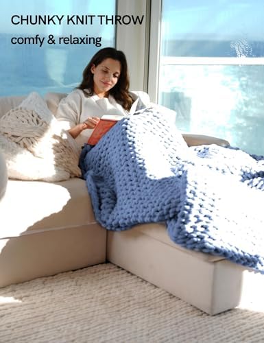 YnM Chunky Throw Blanket, Medium-Weight, Hand Knitted with Chenille Yarn, Skin Friendly, Ventilated and Breathable, Machine Washable, Home Décor Piece for Couch Sofa and Bed (Chambray Blue 80x87 Inch) - Image 6