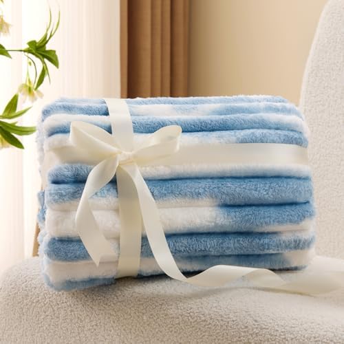BEDELITE Ribbed Fleece Throw Blanket for Couch, Blue&White, 50"x60" - Image 2