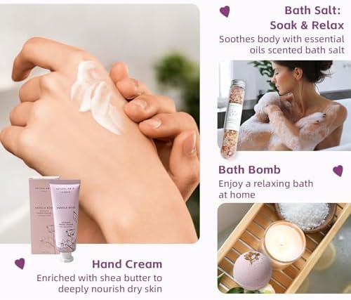 Rose Bath Spa Gift for Women,Handmade Spa gift for her, 5pc Bath & Body Gift Including Soap Bar, Hand Cream, Bath Salt, Soap Saver, Bath Bomb,Self Care Package by Natural Amor - Image 4