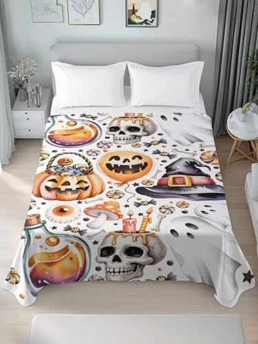 Halloween California King Flat Sheet Candy Pumpkin Flat Sheets Only Soft Bedding Top Sheets Hotel Quality Witch Hat Eyeball Skull Ghost Cal King Bed Sheet for All Season Bedroom Dorm Halloween Decor - Image 4