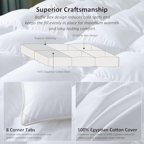 Luxurious Goose Down Feather Fiber Comforter Duvet Insert, Plain Solid Design,White 120 x 120, Premium Baffle Box 100% Egyptian Cotton, 85 oz Fill Weight, Super King - Image 4