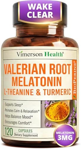 Melatonin 3mg + Valerian Root for Sleep, Daily Calm & Stress Relief Support – Natural Sleep Aid: Organic Turmeric Melatonin Valerian Supplement with L-Theanine, Ginger & Black Pepper – 120 Capsules by VimersonHealth