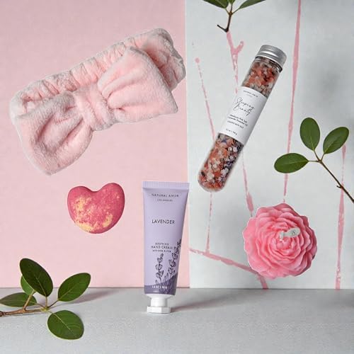 Natural Amor Bath & Spa Gift Set for Women – Floral Relaxation Self Care Box with Headband, Rose Candle, Heart Bath Bomb, Hand Cream, Pink Salt – Birthday, Valentine’s Day Gift - Image 2