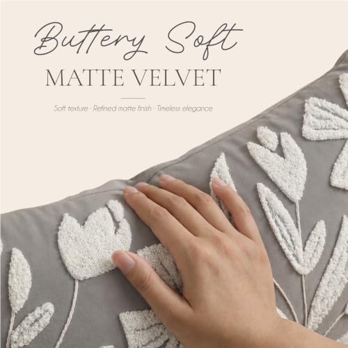 BlissBlush Lumbar Pillow Cover 12x20 Inch, Light Gray Floral Tufted Velvet Decorative Accent Pillow Case for Sofa Bed Living Room, Cover Only - Image 4