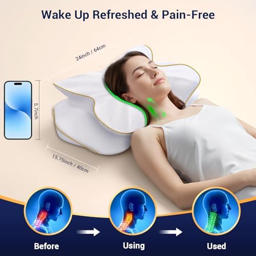 AZBESTPRO Memory Foam Cervical Pillow for Neck Support & Pain Relief, Butterfly Ergonomic Design – 24×15.75×5.7 Inches, Removable 100% Polyester Pillowcase, Suitable for Side & Back Sleepers (Gold) - Image 2