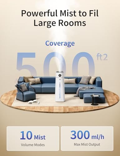 JRD Humidifier Large Room 8L/ 2.1Gal, Ultrasonic Cool Mist for Bedroom, Quiet Humidifier with Remote Control, 10 Mist Modes, 24H Timer, Night Light, AI Mode, 40H Run for Home Office（Grey） - Image 2
