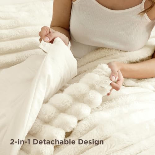 Bedsure Gentlesoft™ 2-in-1 Queen Comforter Set and Detachable Fluffy Blanket, Cream White Bedding Set for All Season Use, Detachable Design for Space Saving (Includes 2 Pillow Shams, 2 Pillowcases) - Image 5