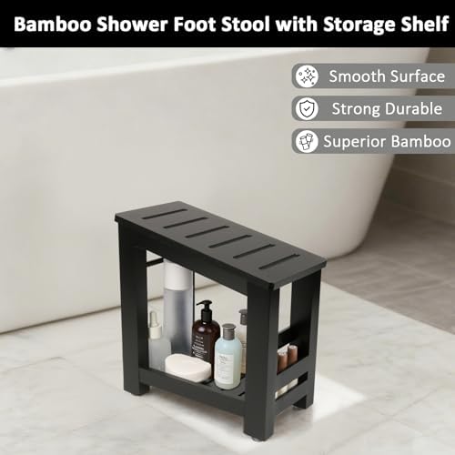 Bamboo Shower Foot Rest Stool for Shaving Legs & Pedicure, Non-Slip Bathroom Foot Step with Storage Pocket, Solid & Water-Resistant,Natural (Black) - Image 5