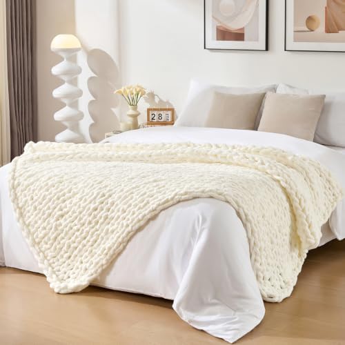 Bigacogo Chunky Knit Throw Blanket for Couch, 80x90 inches, Ivory by Bigacogo