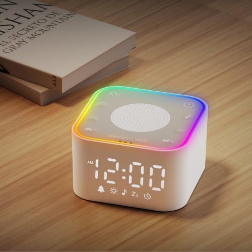 2-in-1 Sound Machine Alarm Clock: 30 Non-Looping Sounds, Compact, White by EnjoyNow