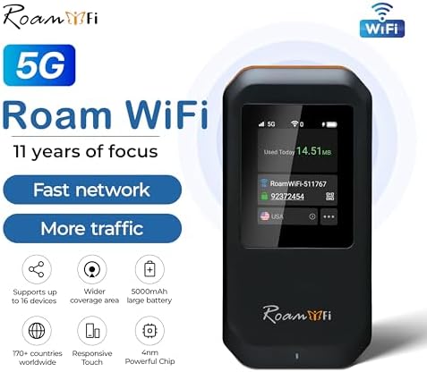 RoamWiFi 5G Mobile Hotspot WiFi6-4nm Chip | 10GB US/CA/MX + 1GB Global Internet Data (170+ Countries) | High-Speed for 16 Devices | 5000mAh Battery, 20H Standby, USB3.1, No SIM Needed Travel Wi-Fi - Image 2
