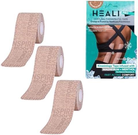 Heali Kinesiology Tape with Magnesium and Menthol, 3-Pack of 20 Pcs Precut Strips, K Tape Roll, Knees, Physical Therapy Sports Tape for Muscles and Joints, Water Resistant, Beige Inspiration by HEALIMEDICAL
