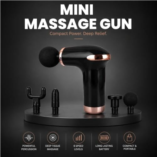 Mini Massage Gun - Handheld Muscle Massager, 6 Speed, 4 Heads, USB-C, Black - Image 2