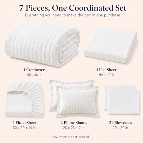CozyLux Queen Comforter Set, 7 Pieces White Seersucker Bed in a Bag - Image 2