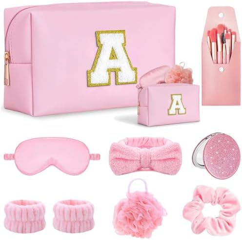 Makeup Gift Set – Initial Cosmetic Bag, Pink Spa Accessories, Satin Eye Mask & Headband; Spa Party Supplies for Girls, Sleepover Party Supplies Gifts for Teen Girls Bridesmaid by Tindisonka