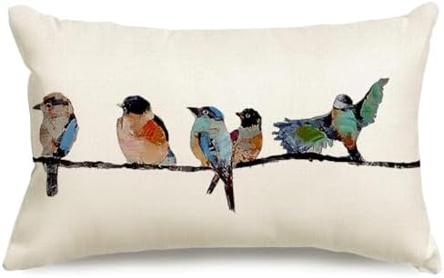 RABUSOFA 12x20 Lumbar Pillow Decorative Throw Pillows,Small Hand-Painted Outdoor Birds Pillowcases,Spring Summer Pillows Decorative Throw Cushion Covers Linen for Couch Sofa Teal Blue by RABUSOFA