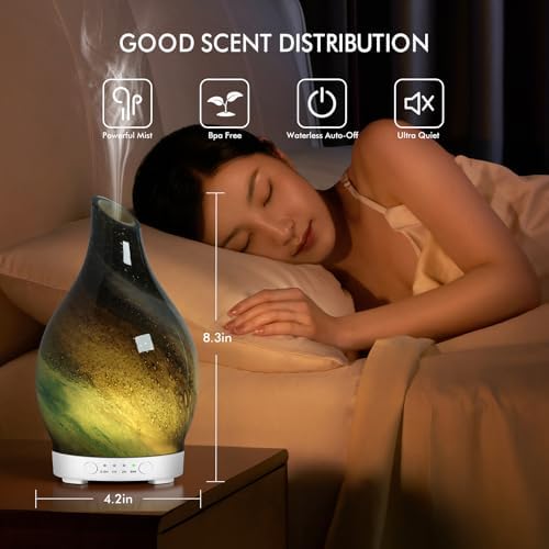 Aromatherapy Essential Oil Diffuser for Home- 150ml Art Glass Diffuser for Essential Oils with Waterless Auto Shut-Off 4 Timer 7 Colors LED Night Light for Home Office Decor Gifts for Women - Image 4