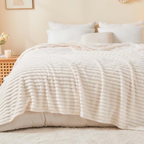 BEDELITE Ribbed King Size Blanket for Bed, Cream, 108"x90" - Image 2