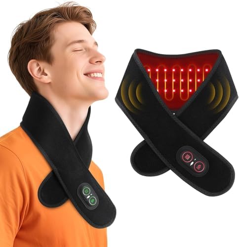 Cordless Neck Heating Pad for Pain, Neck Massager with 660nm 850nm Red Light, Heated Neck Wrap with 3000mAh Rechargeable, 3 Levels Heat & Massage, Black by WoloyHeatie
