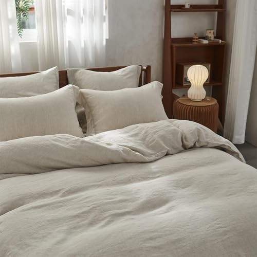 Simple&Opulence 100% Linen Duvet Cover Set with Embroidery Border Washed - 3 Pieces (1 Duvet Cover with 2 Pillow Shams) with Button Closure Soft Breathable Farmhouse - Linen, Full Size - Image 5