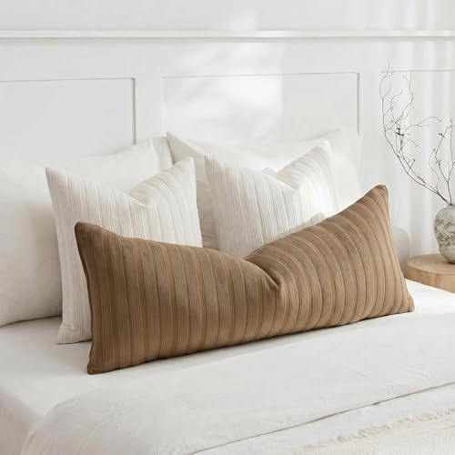 DEZENE 14x36 Brown Lumbar Pillow Covers Soft Striped Corduroy Rustic Farmhouse Rectangular Long Body Pillow Cases for Couch Sofa Bedroom Living Room Home Decor - Image 4