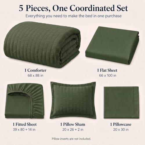 CozyLux Twin XL Comforter Set, 5 Pieces Olive Green Seersucker Bed in a Bag - Image 2