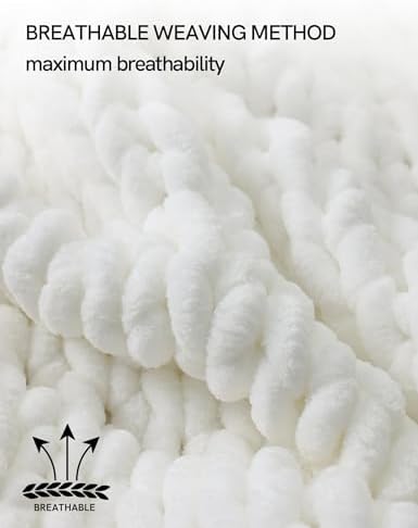 YnM Chunky Throw Blanket, Medium-Weight, Hand Knitted with Chenielle Yarn, Skin Friendly, Ventilated and Breathable, Machine Washable, Home Décor Piece for Couch, Sofa and Bed (White, 50x60 Inch) - Image 5