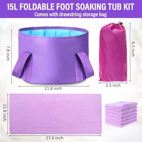 FillTouch 12 Pcs 15L Foldable Foot Soaking Tub Kit Portable Foot Bath Tub for Soaking Feet with Towel and Storage Bag Soak Spa Bucket for Travel Camping (Purple) - Image 2