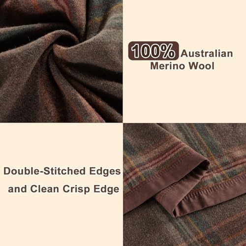 YOUR MOON 100% Merino Wool Blanket, Queen 90 x 90 in, Plaid Brown - Image 4