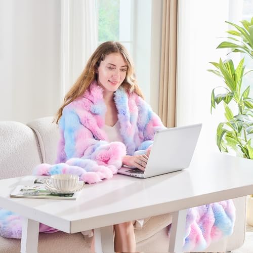 Lotus Karen Faux Fur Throw Blanket Tie-Dye Purple Rainbow - Big Bubble Rabbit Fluff Blanket for Couch, Large Fluffy Fuzzy Cozy Blanket,Thick Furry Plush Shaggy Blankets,108x90 Inches - Image 7