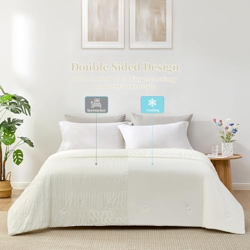 Cozy Bliss Seersucker Cooling Comforter King Size, Q-Max 0.45 Reversible Lightweight Cooling Blanket, Breathable Silk Smooth Summer Bedding Quilt for Hot Sleepers Night Sweats Cream White - Image 4