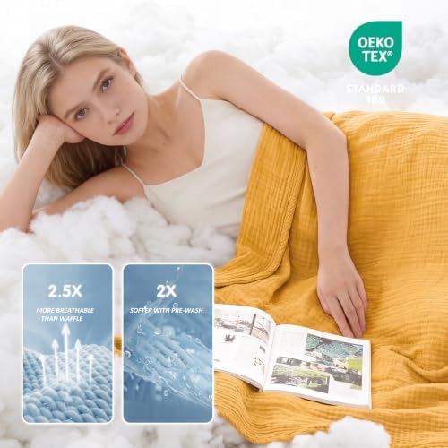 EMME Cotton Muslin Large Throw Blanket Couch Breathable Gauze Soft Lightweight Bed Blankets Adults (Heather Yellow, 50"x70") - Image 3