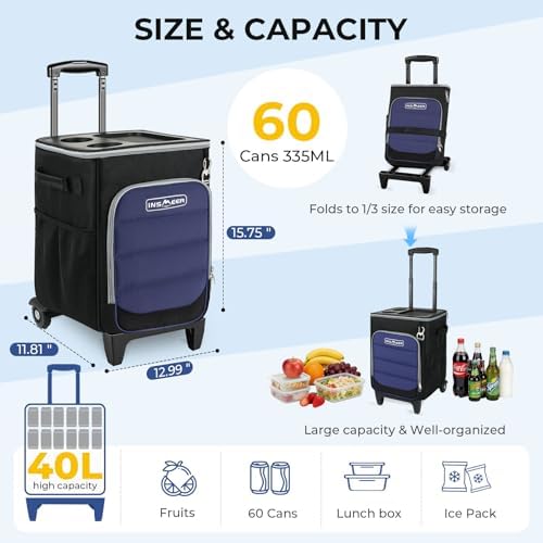 INSMEER 2-in-1 Rolling Cooler with Wheels, 60 Cans Collapsible Soft Sided Cooler on Wheels, Hard Top with 2 Cup Holders, Insulated 100% Leakproof Wheeled Cooler Bag for Beach Camping Outdoor - Image 2