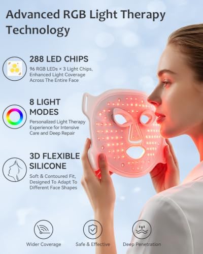 Red Light Therapy for Face, 8 Light Modes & 850NM Infrared LED Face Mask Light Therapy with 288 LEDs 3-in-1 Chip, Auto Cycle, Rechargeable Remote,Cordless Red Light Mask Skincare for Home Travel - Image 2