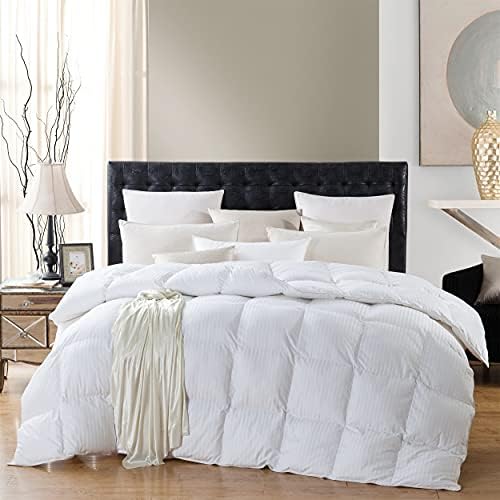 Luxurious All-Season Goose Down Feather Fiber Comforter Duvet Insert, Exquisite California King White Stripe Design, Premium Baffle Box, 100% Cotton Down Proof Fabric, 75 oz. Fill Weight by EgyptianBedding