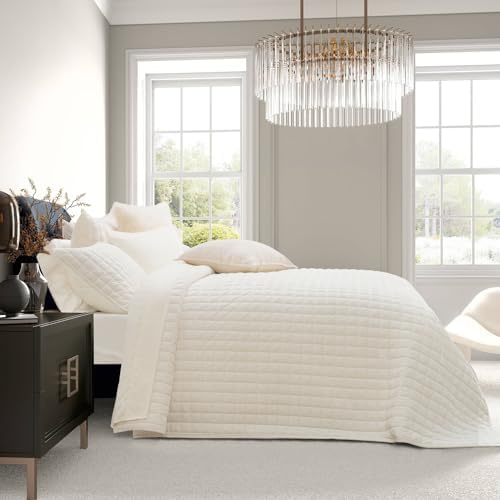 RECYCO Channel Box Stitch Velvet Quilt Set, Twin/Twin XL Size, Cream White by RECYCOHOMECOLLECTION