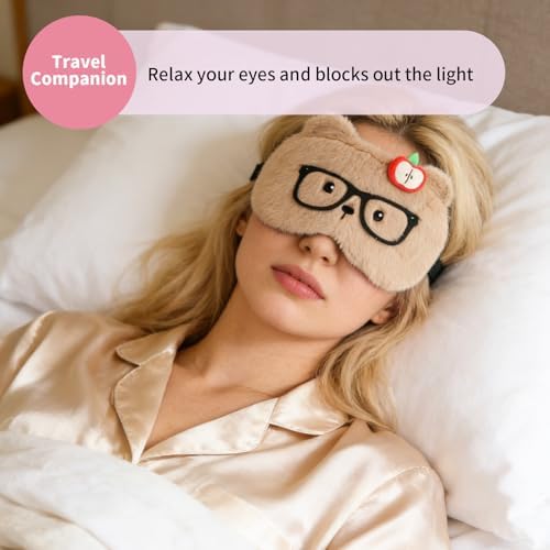 PERFECTSIGHT Sleep Eye Masks, Cute Plush Sleep Eye Cover Lightweight Adjustable Eyeshade Faux Fur Mask Cover for Women Kids Girl Sleep Travel Nap, Glasses Bear - Image 3