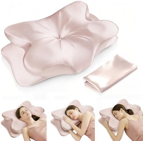 Cervical Neck Pillow for for Neck Support,Ergonomic Memory Foam Contour Pillow with Wrinkle-Resistant Silky Satin Cover & Extra Removable Cover,Orthopedic Pillow for Side,Back,Stomach Sleepers,Pink by Unknown