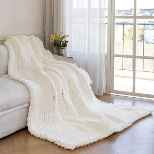 Chunky Knit Throw Blanket for Couch，80X90 Inches Ivory by Larexius
