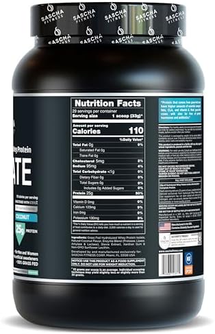 SASCHA FITNESS Hydrolyzed Whey Protein Isolate,100% Grass-Fed (2 Pounds, Coconut) - Image 2
