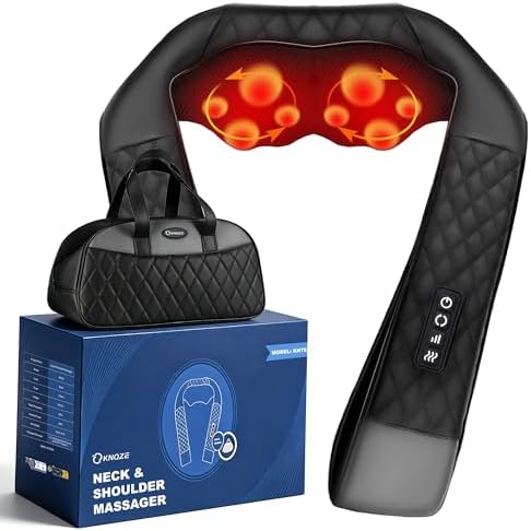 Neck Massager with Heat, Shiatsu Neck and Back Massager, 4D Deep Tissue Kneading for Neck,Back,Shoulder, Body Muscle Pain Relief, Leather Handbag for Storage, Gift for Men Women Mom Dad, Plug-in Use by KNQZE