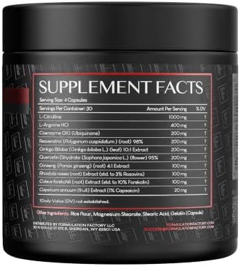 Formulation Factory Heart of Steel Nitric Oxide Supplements for Men & Women, Nitric Oxide Booster for Blood Flow & Circulation with L-Citrulline 1000mg, L-Arginine, CoQ10 & Resveratrol - 120 Capsules - Image 2