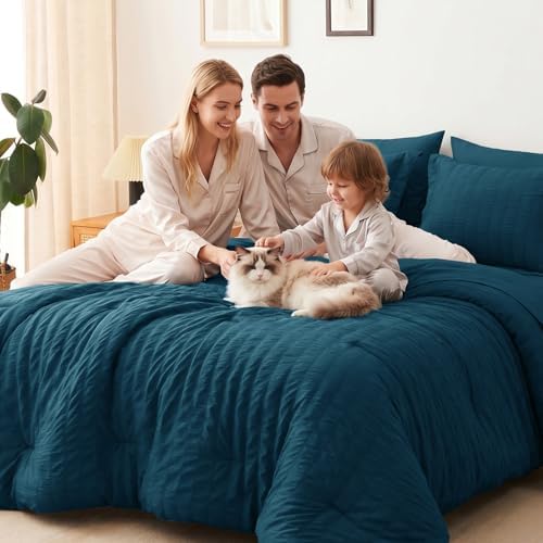 CozyLux Full Size Comforter Set 7 Pieces Lyons Blue Seersucker Bed in a Bag - Image 7