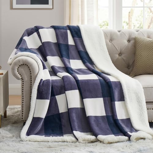 PU MEI Sherpa Blanket Fleece Throw Blanket Full Queen Plaid Thick Bed Blanket, Soft Warm Cozy Blue Checkered Throw Blanket 80"*90" by HOME