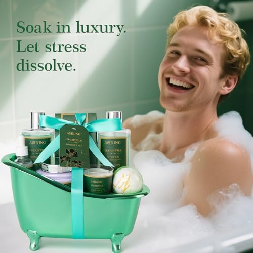 Home Spa Gift Basket - Eucalyptus- Spa Bath Kit 9pc Bath & Body Set For Men & Women, Contains Shower Gel, Shampoo, Scents Lotion, Body Oil, Bath Salt, flowers Bath Bomb, Spa Basket - Image 4