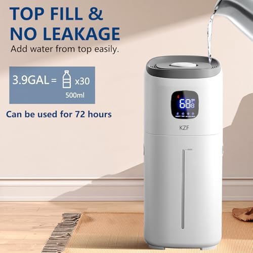 KZF Humidifiers for Bedroom, 15L Large Room Humidifier, 2000 Sq.ft Coverage, 72Hrs Runtime, Top Fill, 26dB Quiet, 3 Mist Levels & Diffuser, Auto Shut-Off, Ready for Baby Nursery Home and Plants - Image 4