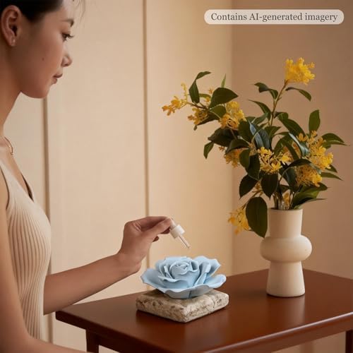 Ceramic Passive Essential Oil Diffuser, Aesthetic Desktop Handmade Flower & Concrete Base, Porcelain Aromatherapy Oils Diffuser for Home, Office, Yoga, Spa Room (Blue Rose) - Image 2