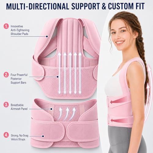 Posture Corrector for Women, Breathable Back Brace for Slouching & Upper Back Pain Relief, Invisible Under Clothes Shoulder Straightener with 4 Support Stays & Anti-Chafing Padded Straps, Pink (pink L) - Image 3