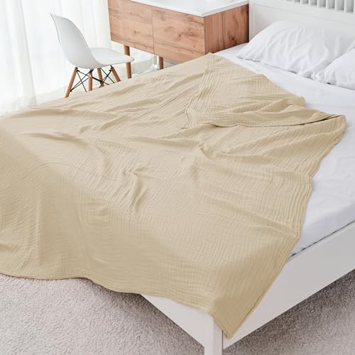 Cosy Family 6 Layer Muslin Bed Blanket - Breathable and Lightweight Gauze Boho Blanket for Spring, Soft 100% Cotton Muslin, Light Tan, 55x80 Inches - Image 6